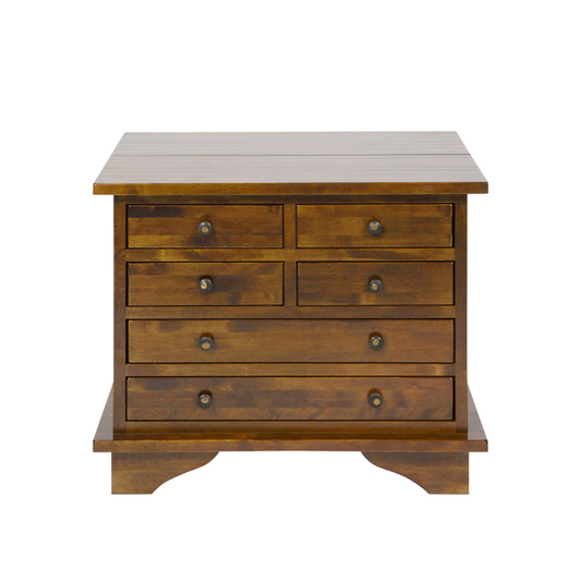 A dark chestnut brown 6-drawer side table with a wooden finish and traditional design.