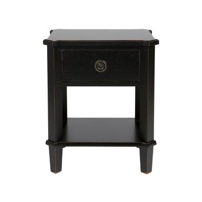 Black nightstand with a drawer on a white background