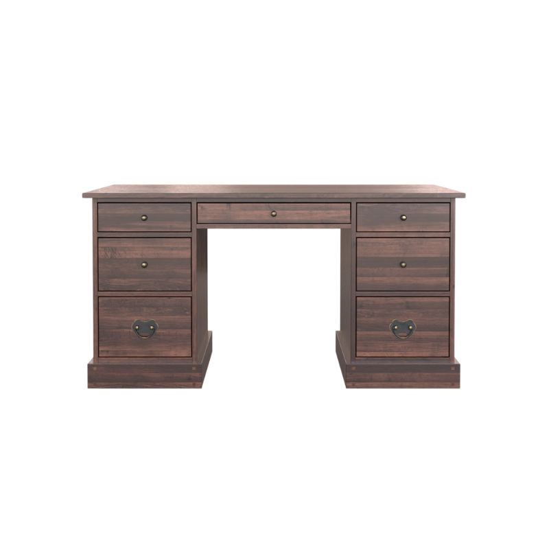 A dark chestnut wooden desk with seven drawers, featuring a traditional design with ornate metal handles.
