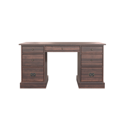 A dark chestnut wooden desk with seven drawers, featuring a traditional design with ornate metal handles.