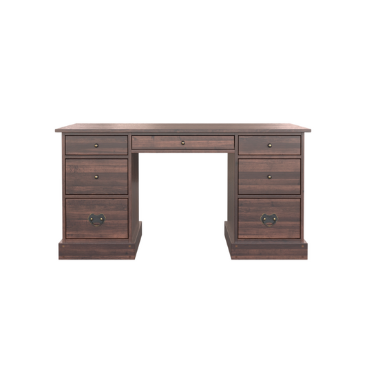 A dark chestnut wooden desk with seven drawers, featuring a traditional design with ornate metal handles.