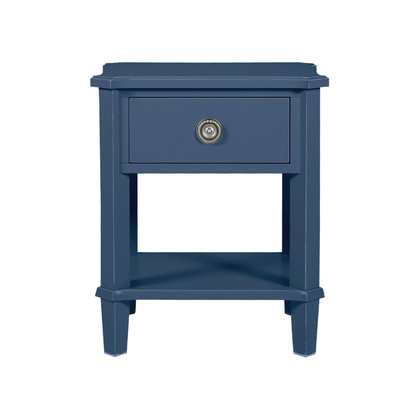 Blue side table with a drawer on a white background
