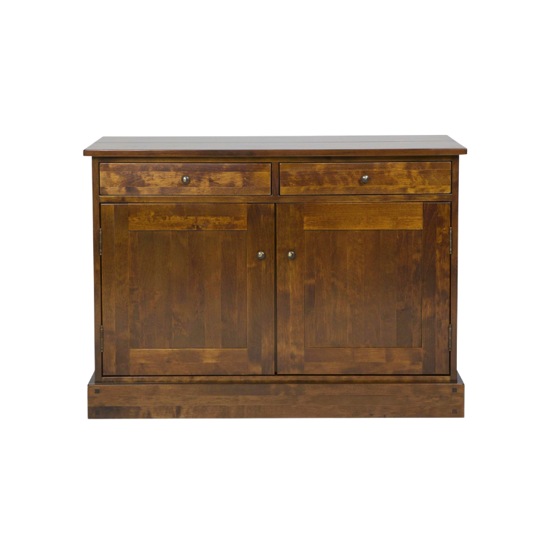 A dark chesnut brown 2 door 2 drawer sideboard made of wood, with a simple rectangular shape and traditional design.