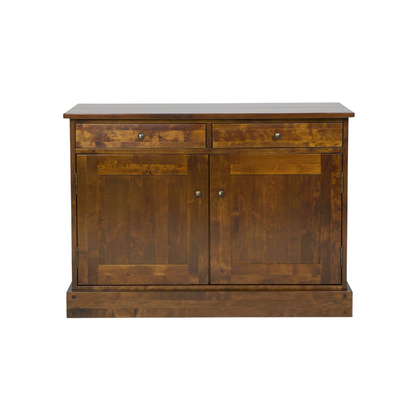 A dark chesnut brown 2 door 2 drawer sideboard made of wood, with a simple rectangular shape and traditional design.