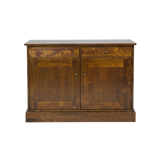 A dark chesnut brown 2 door 2 drawer sideboard made of wood, with a simple rectangular shape and traditional design.