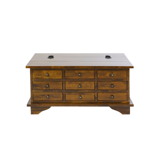 A Garrat 9 Drawer Coffee Table in Dark Chesnut with a rectangular shape, featuring multiple drawers and a smooth finish.