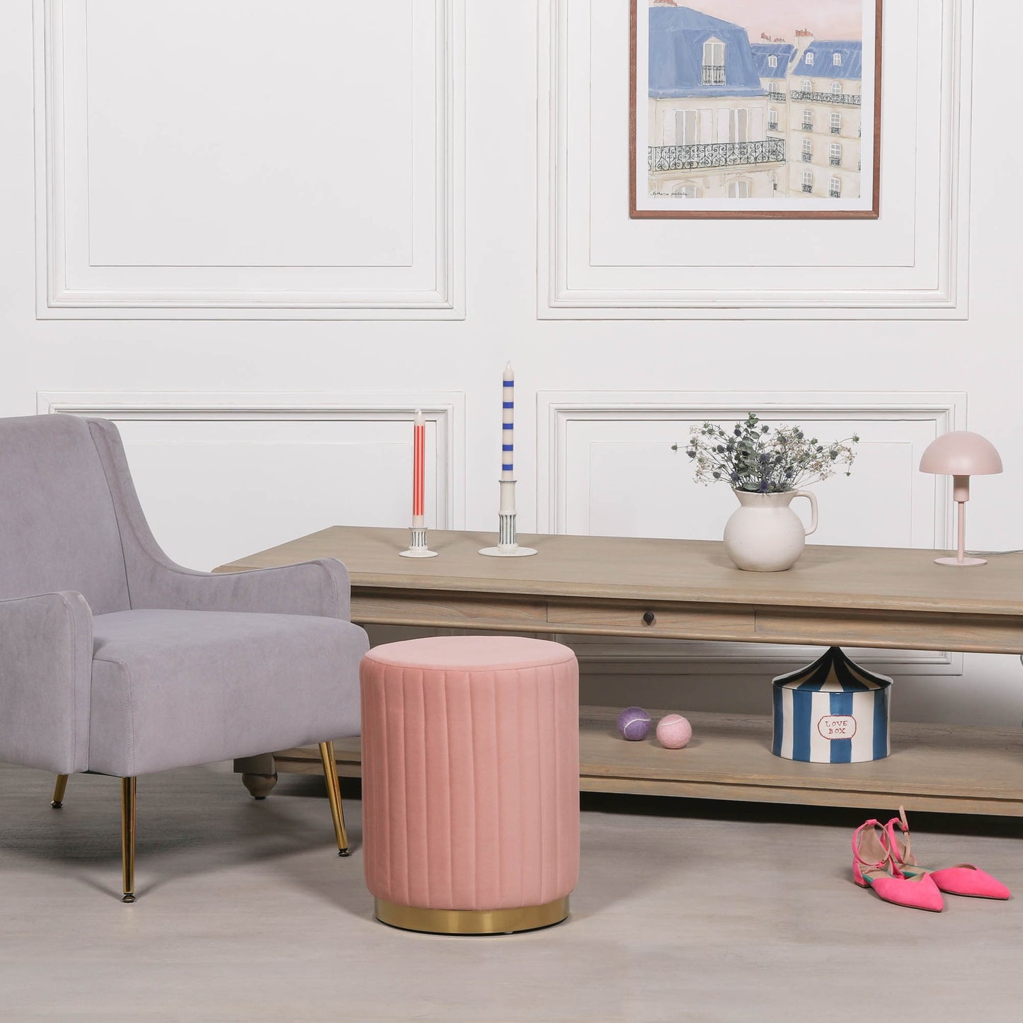 Pink Velvet Ribbed Round Ottoman Foot Stool - AV683