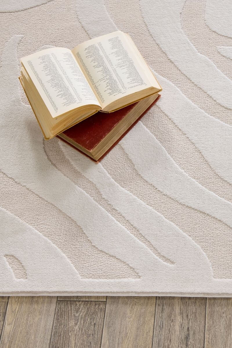 Open book on a textured beige rug with wooden floor underneath
