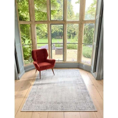 Eco-Washable Grey Rug Bordered Design Non-Slip