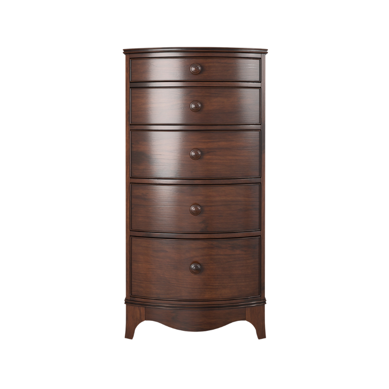 A dark brown wooden tall chest with five drawers, each having a round knob handle, and a curved bottom edge.