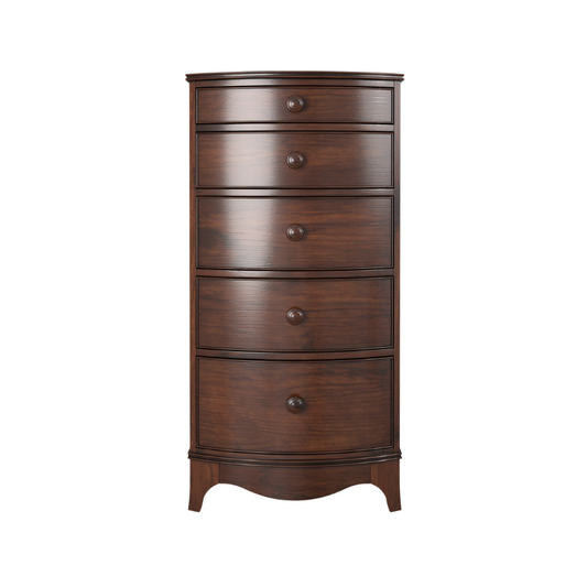 A dark brown wooden tall chest with five drawers, each having a round knob handle, and a curved bottom edge.
