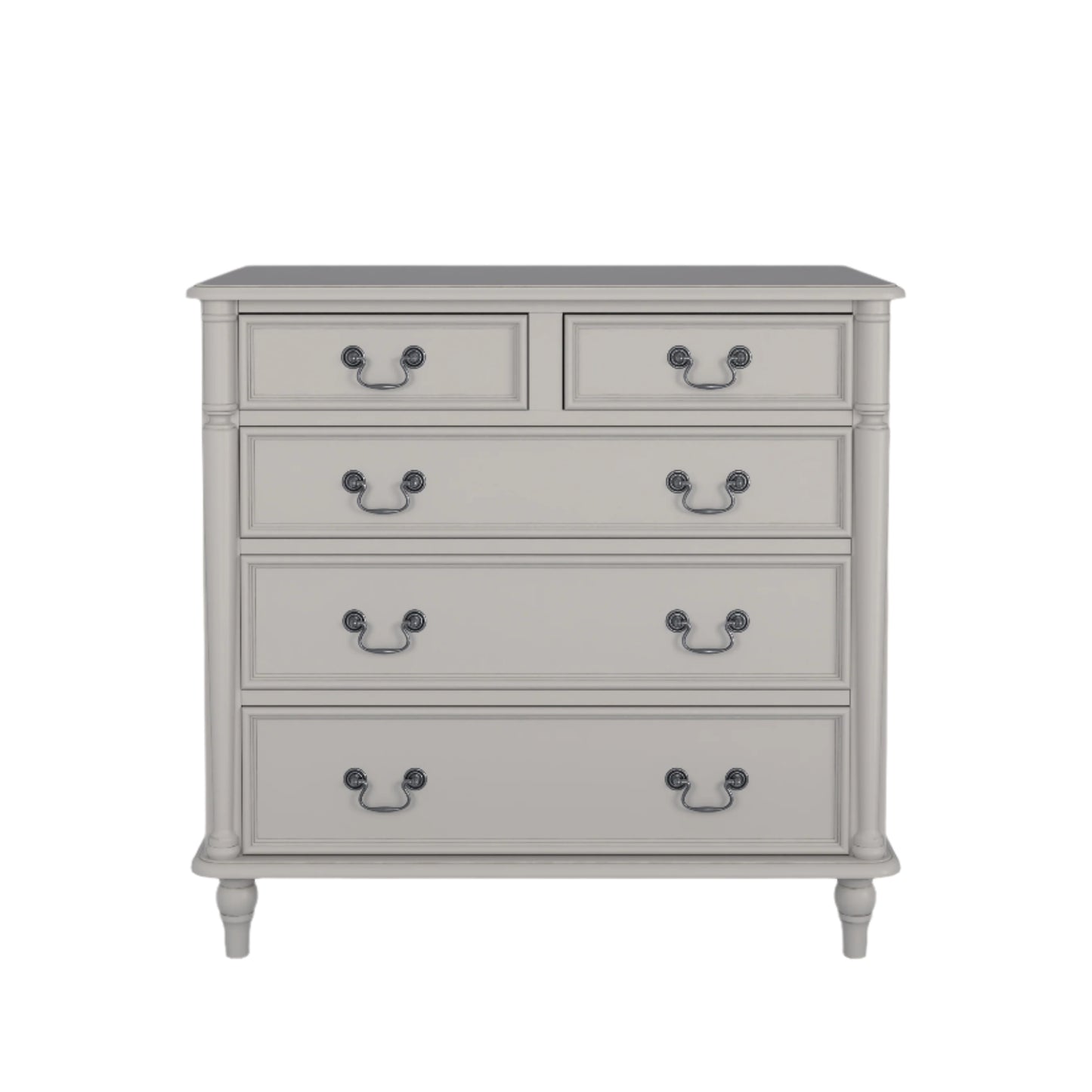 A dove grey chest of drawers with two smaller drawers on top and three larger ones below, each with a dark metal handle set against a white background