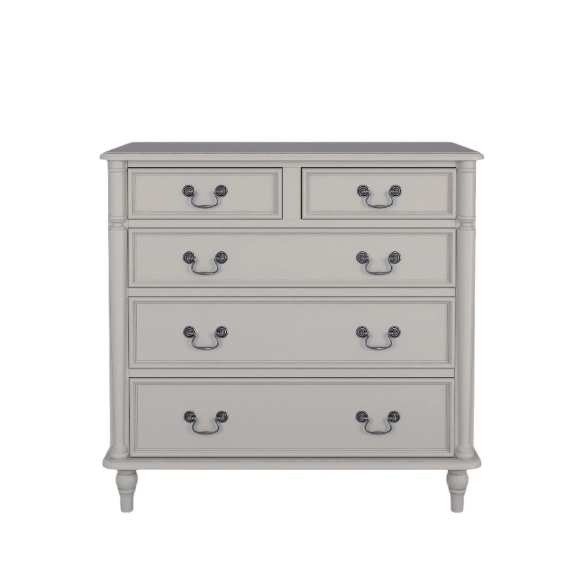 A dove grey chest of drawers with two smaller drawers on top and three larger ones below, each with a dark metal handle set against a white background
