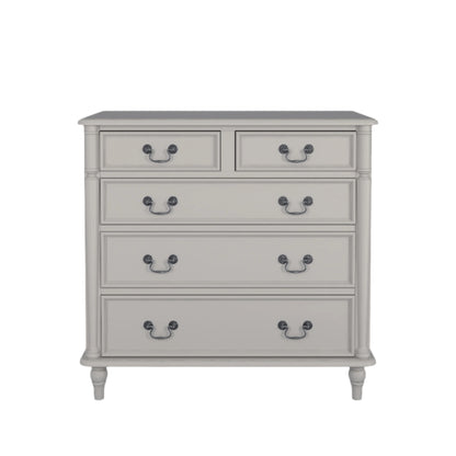 A dove grey chest of drawers with two smaller drawers on top and three larger ones below, each with a dark metal handle set against a white background