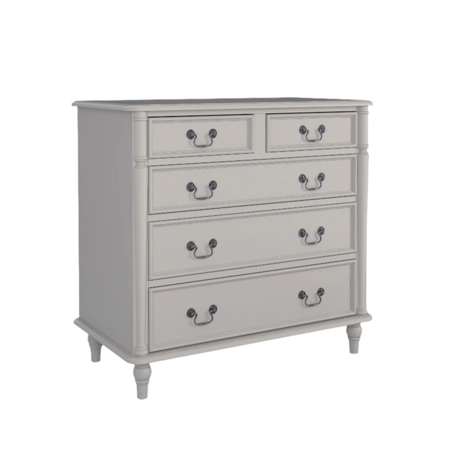 A left-hand corner view of a dove grey chest of drawers with two smaller drawers on top and three larger ones below, each with a dark metal handle.