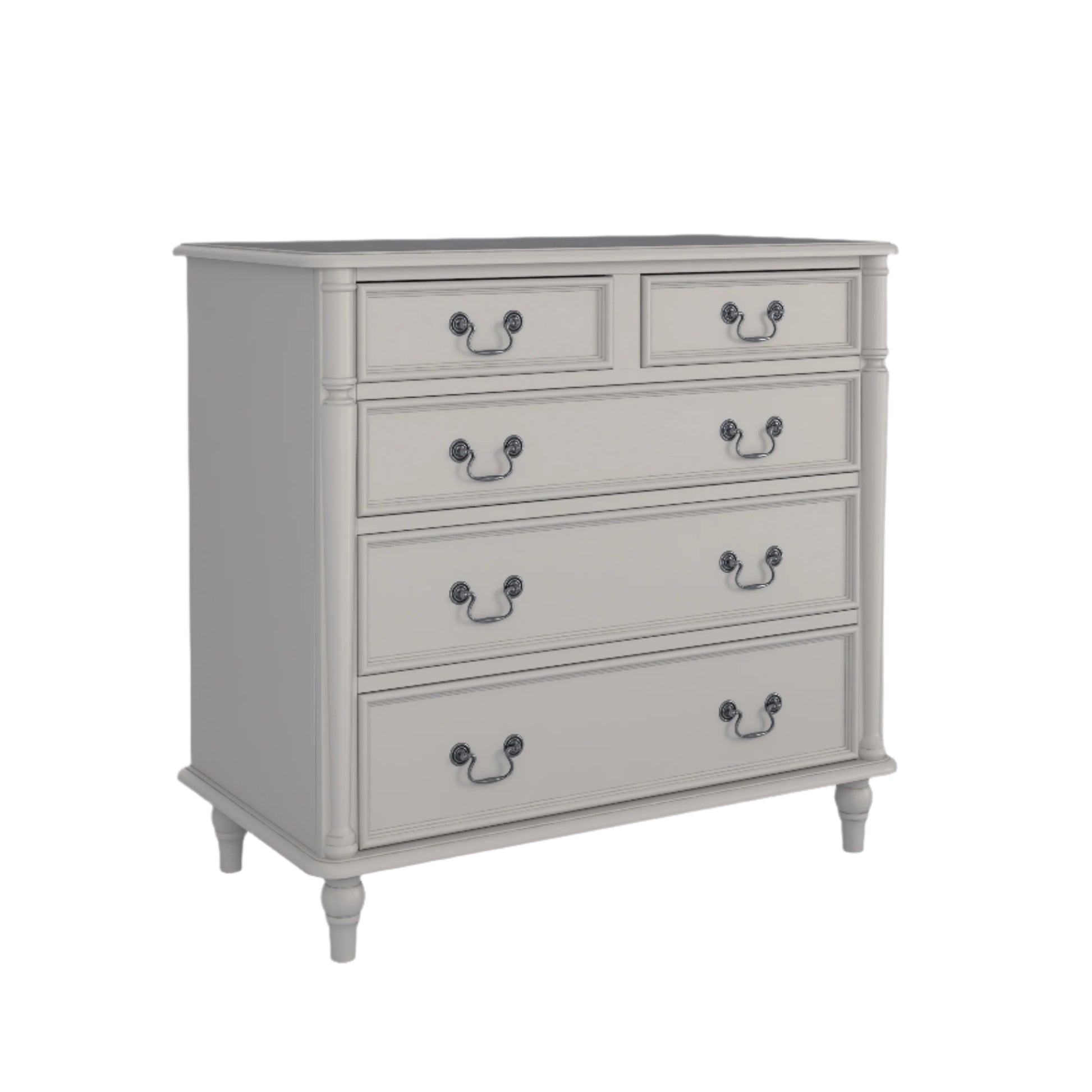 A left-hand corner view of a dove grey chest of drawers with two smaller drawers on top and three larger ones below, each with a dark metal handle.