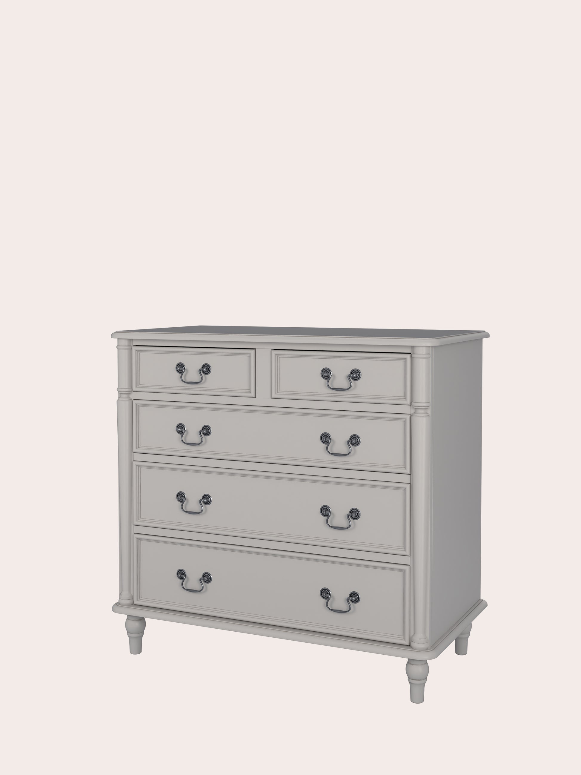 A right-hand corner angle view of a dove grey chest of drawers with two smaller drawers on top and three larger ones below, each with a dark metal handle.