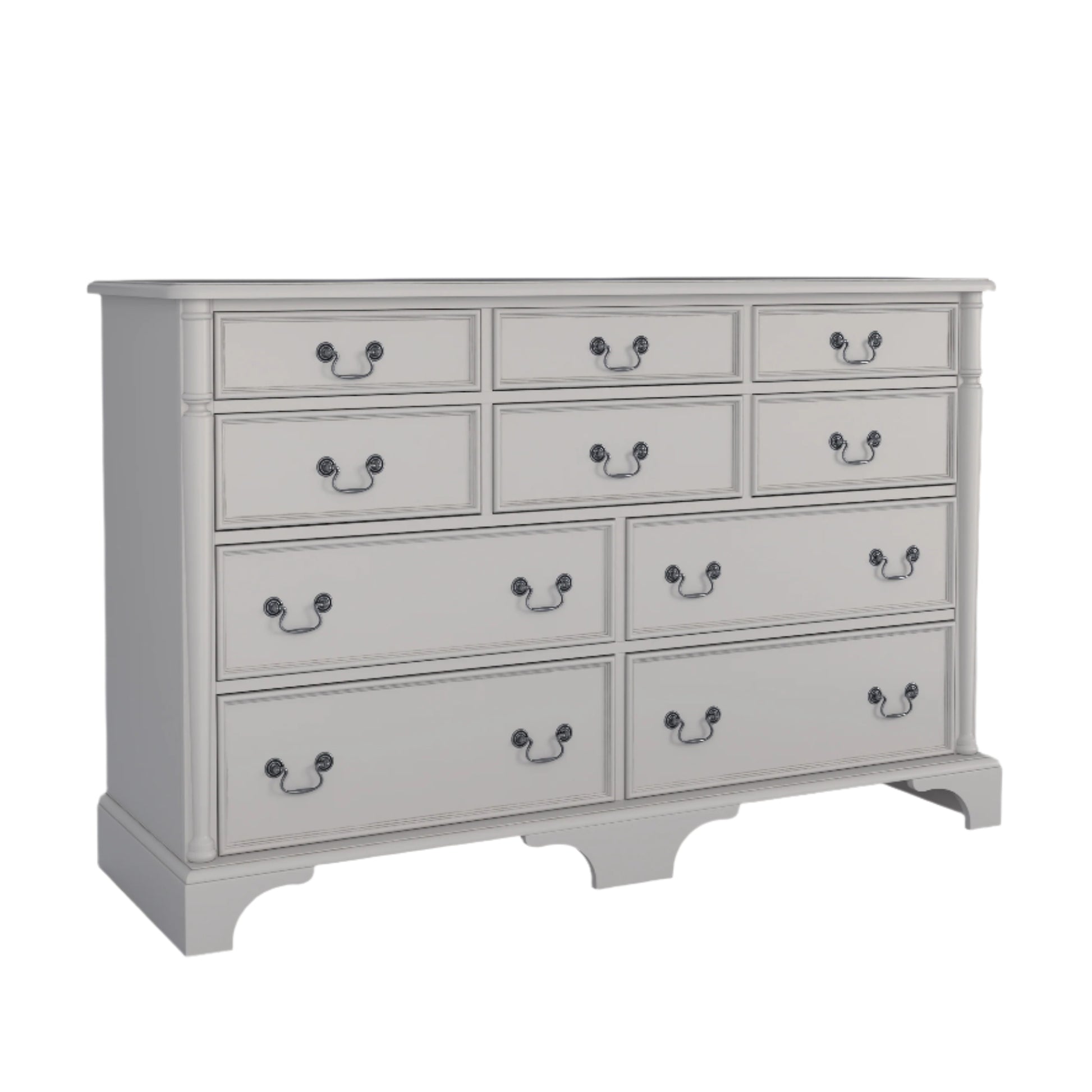 A left-hand corner view of a dove grey Laura Ashley Clifton 6+4 drawer chest with traditional design.