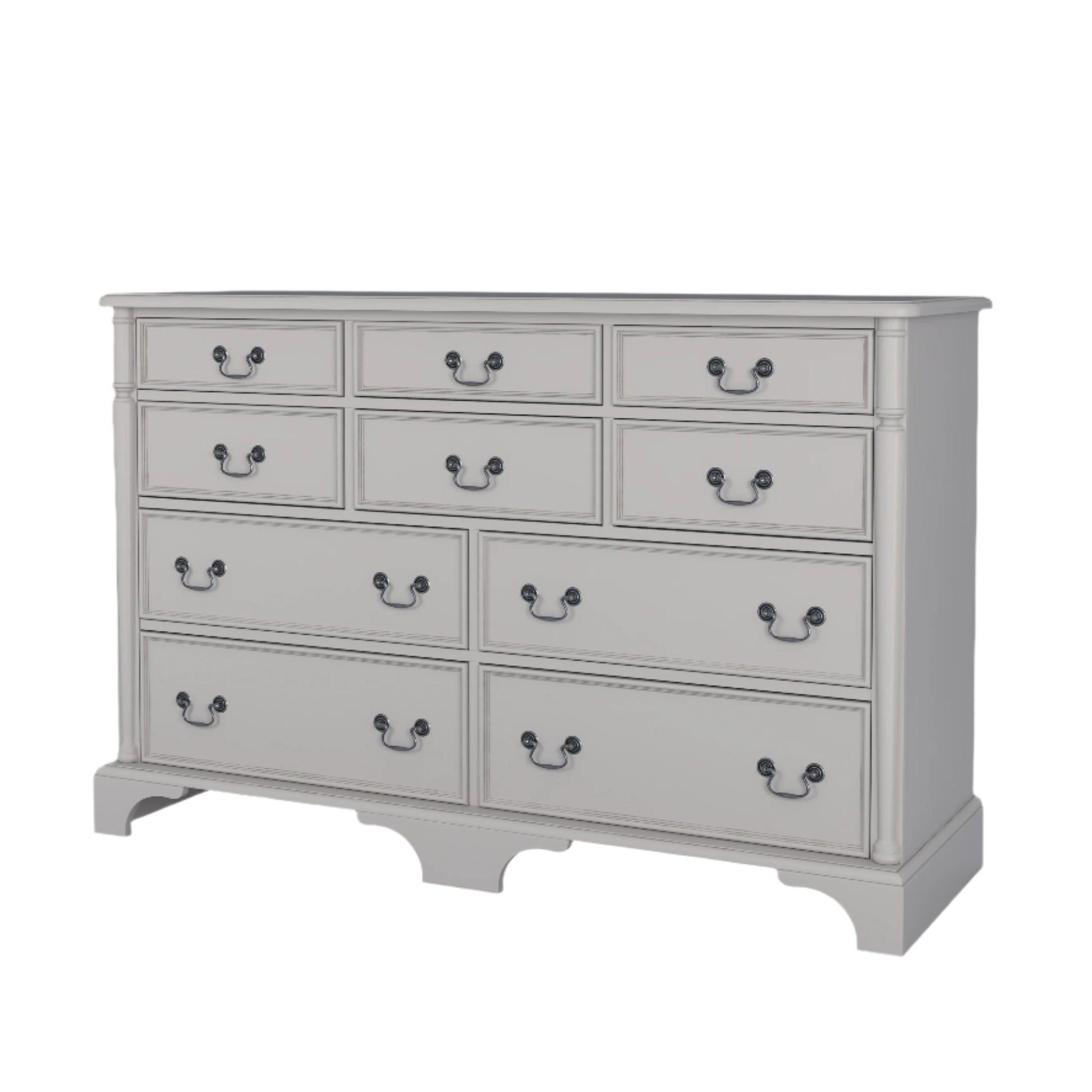 A right-hand corner view of a dove grey Laura Ashley Clifton 6+4 drawer chest with traditional design.