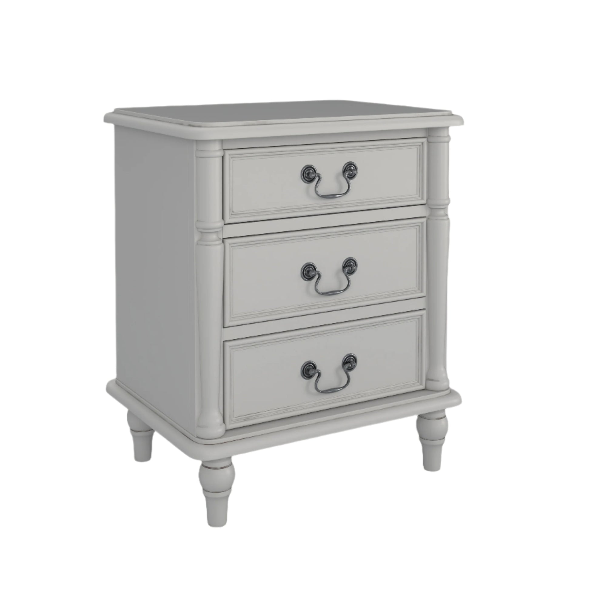 A left-hand corner angle view of a dove grey 3-drawer bedside chest with traditional design and metal handles next to a bed with additional accessories