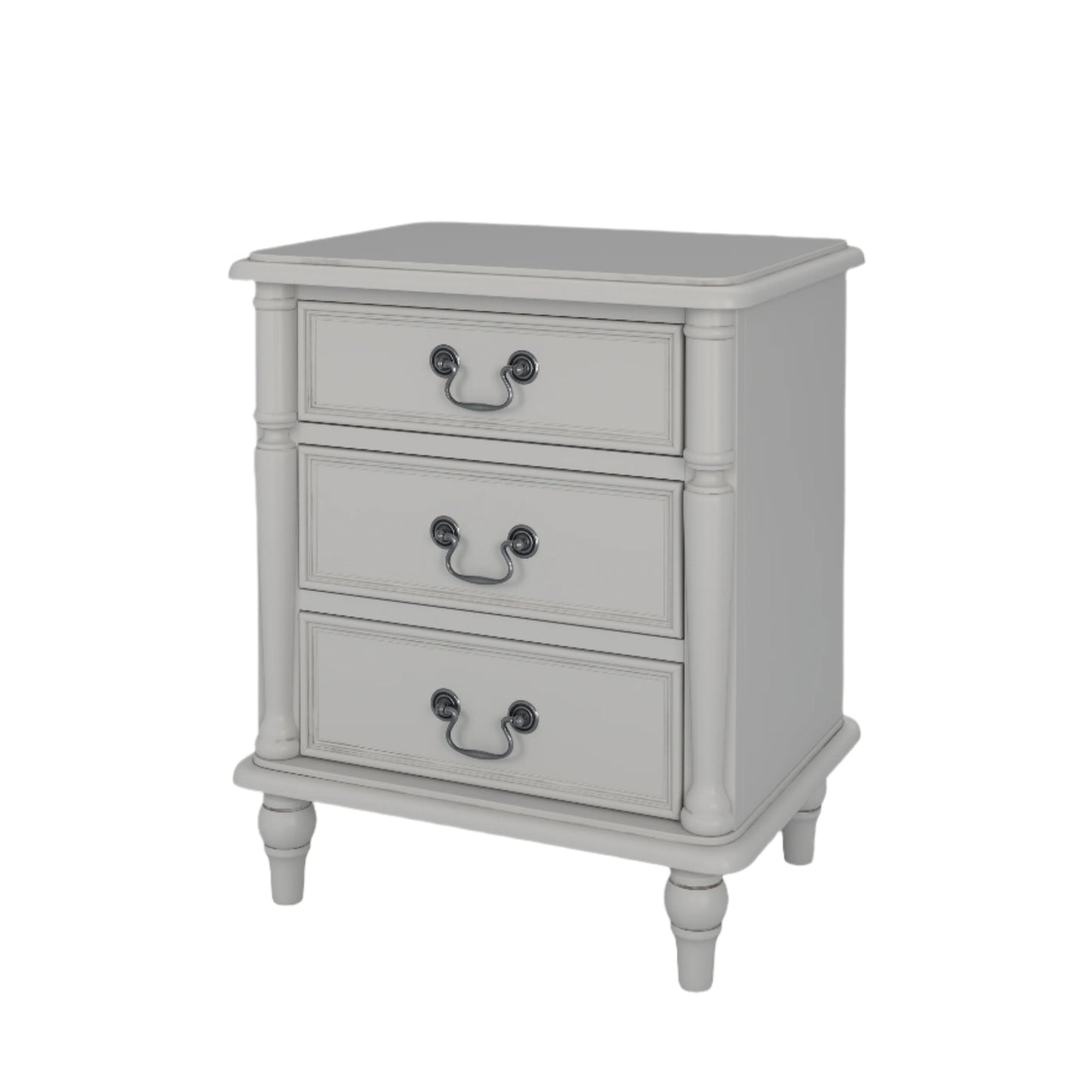 A right-hand corner angle view of a dove grey 3-drawer bedside chest with traditional design and metal handles.