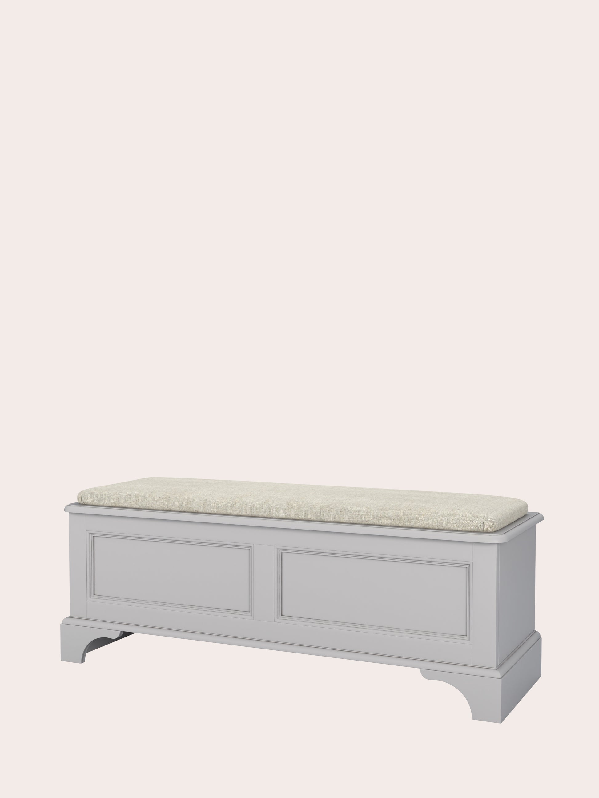 A right-hand view of a dove grey blanket box with a cushioned top and wooden body, designed for storage and seating.