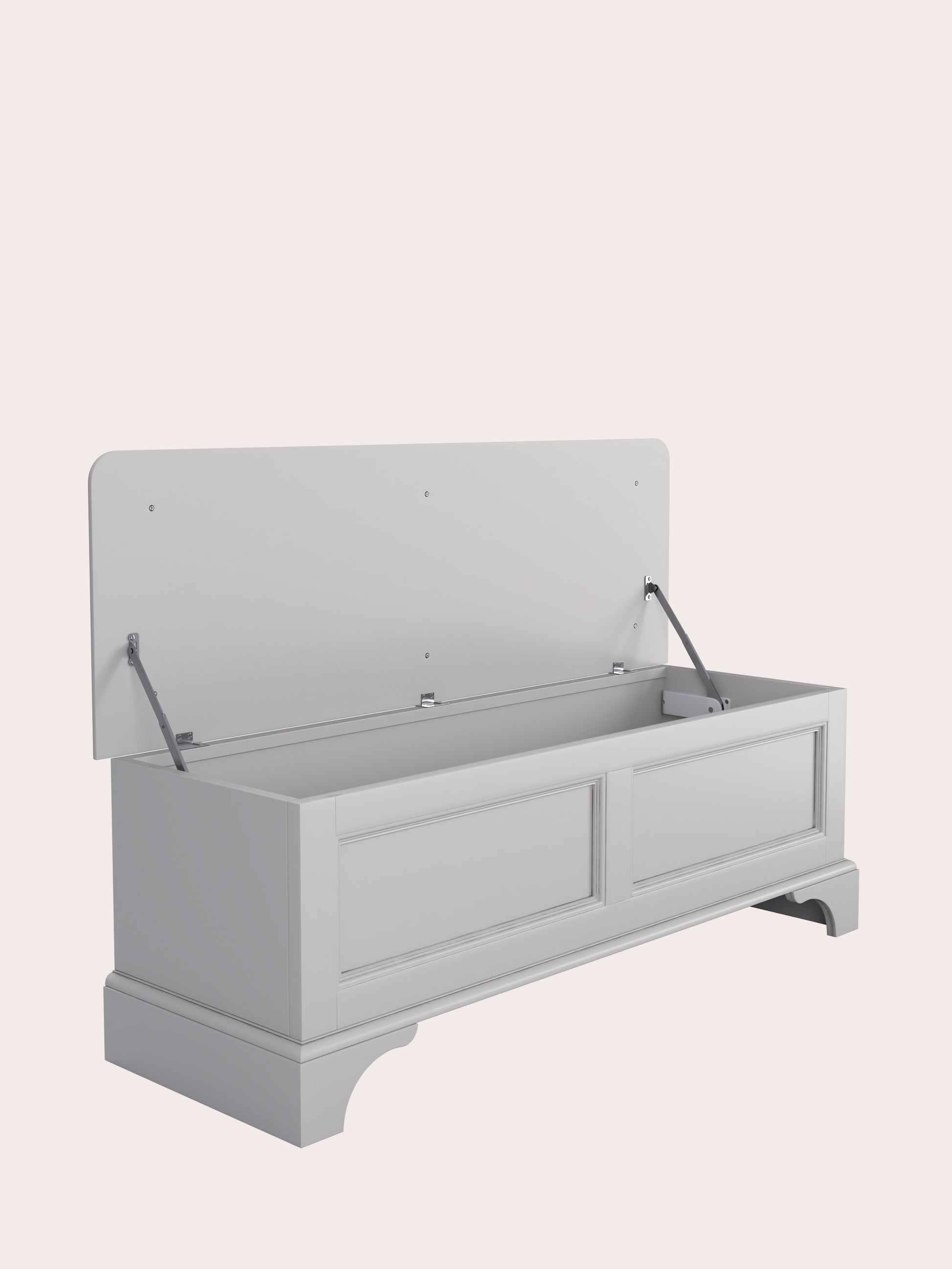 A dove grey blanket box with a cushioned top and wooden body, designed for storage and seating showing the lid open