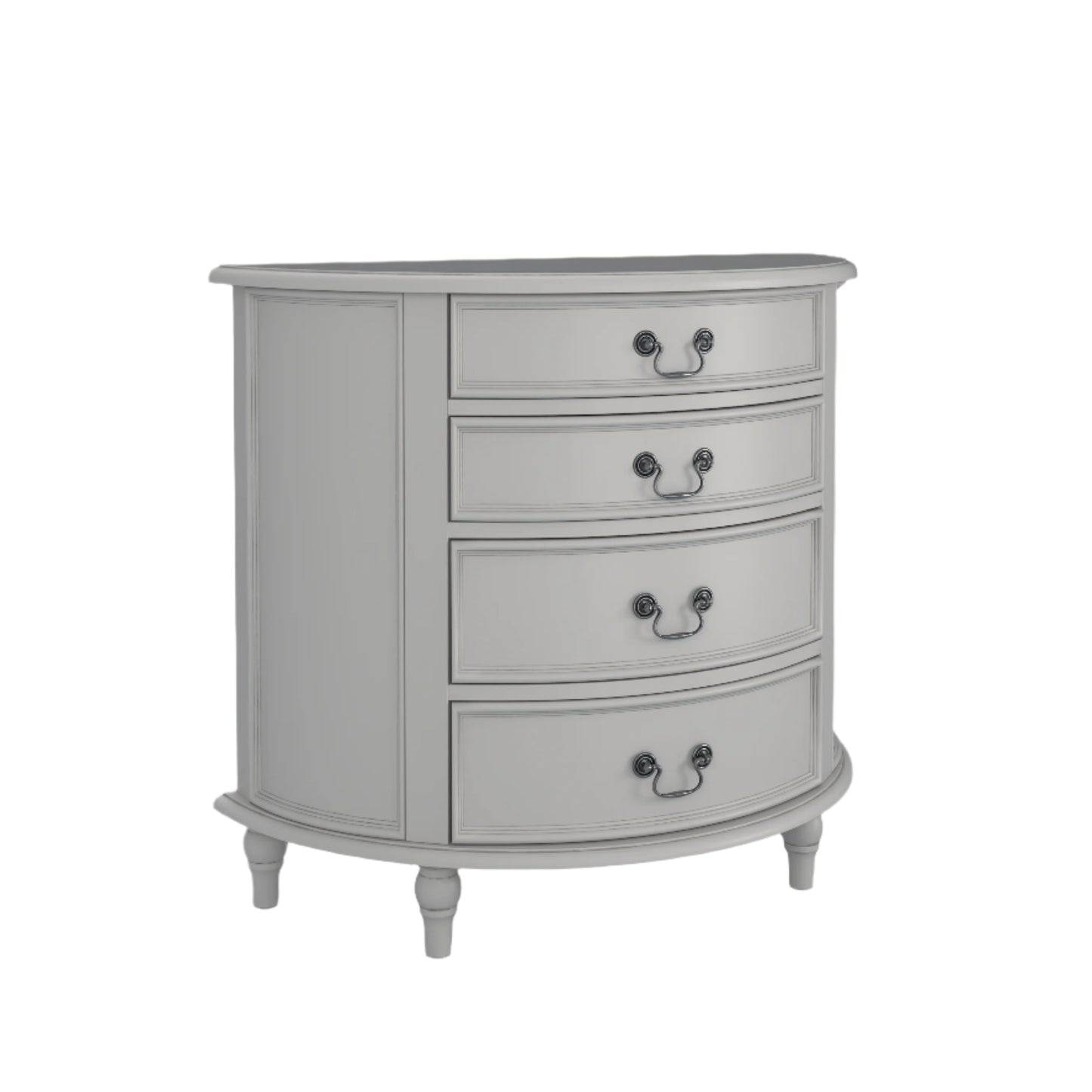 A dove grey 4-drawer half moon chest of drawers with a curved front and traditional metal handles.
