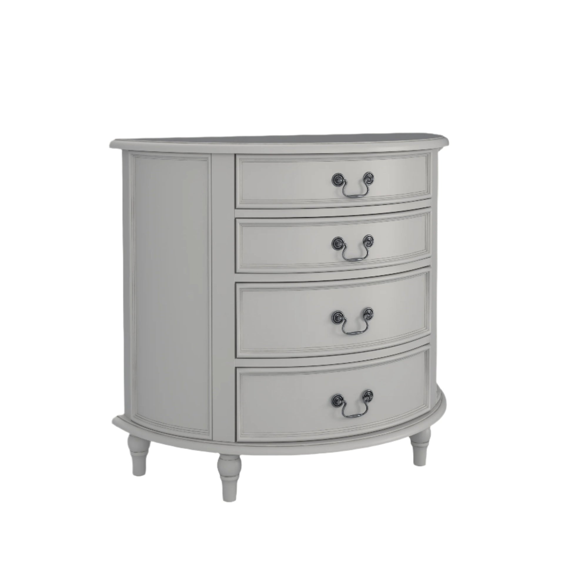 A dove grey 4-drawer half moon chest of drawers with a curved front and traditional metal handles.
