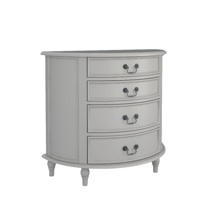 A dove grey 4-drawer half moon chest of drawers with a curved front and traditional metal handles.
