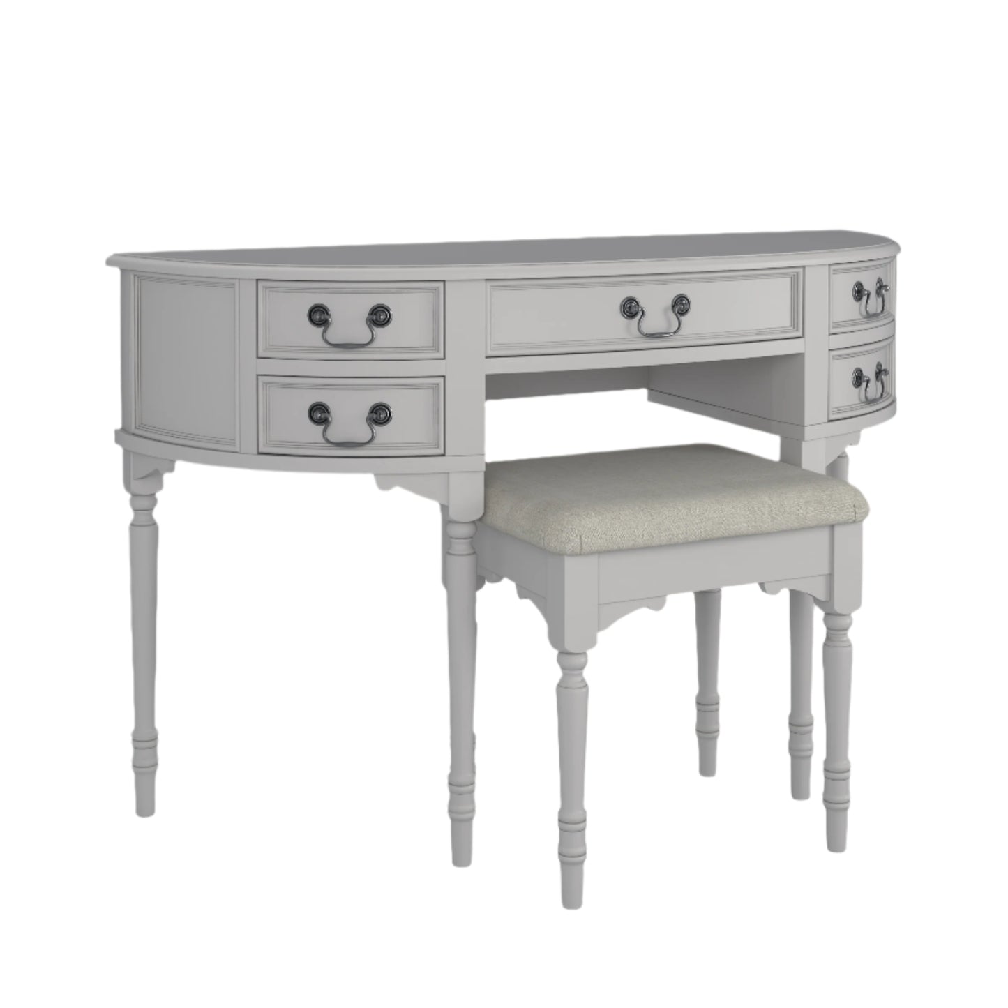 A left-hand corner view of the Clifton Dove Grey 5 Drawer Dressing Table with a stool set in front of it. The table is large with multiple drawers and the stool is cushioned.