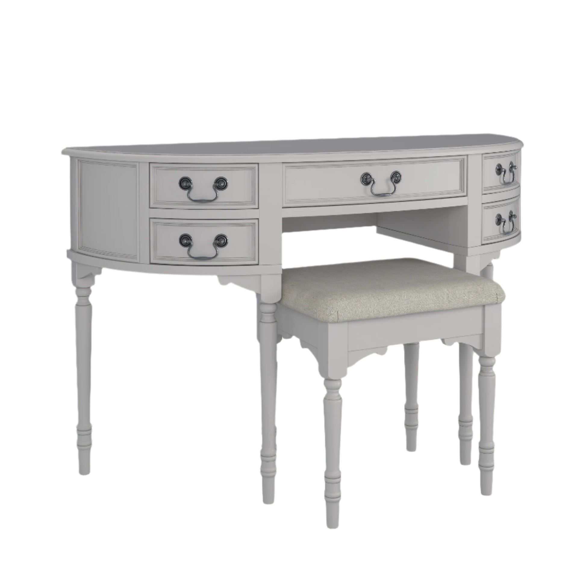 A left-hand corner view of the Clifton Dove Grey 5 Drawer Dressing Table with a stool set in front of it. The table is large with multiple drawers and the stool is cushioned.