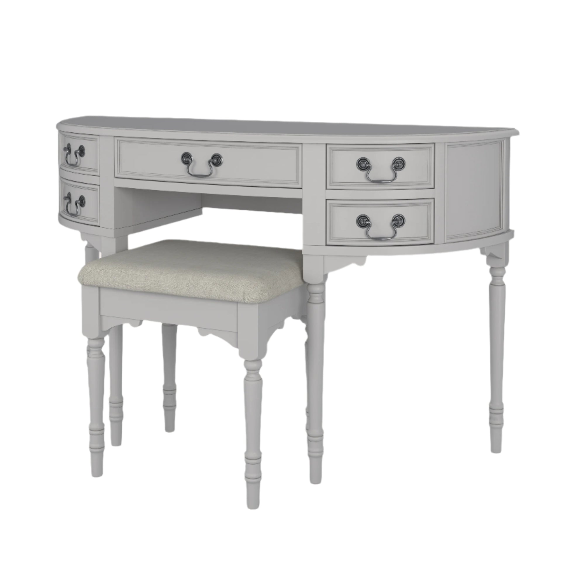 A right-hand corner view of the Clifton Dove Grey 5 Drawer Dressing Table with a stool set in front of it. The table is large with multiple drawers and the stool is cushioned.