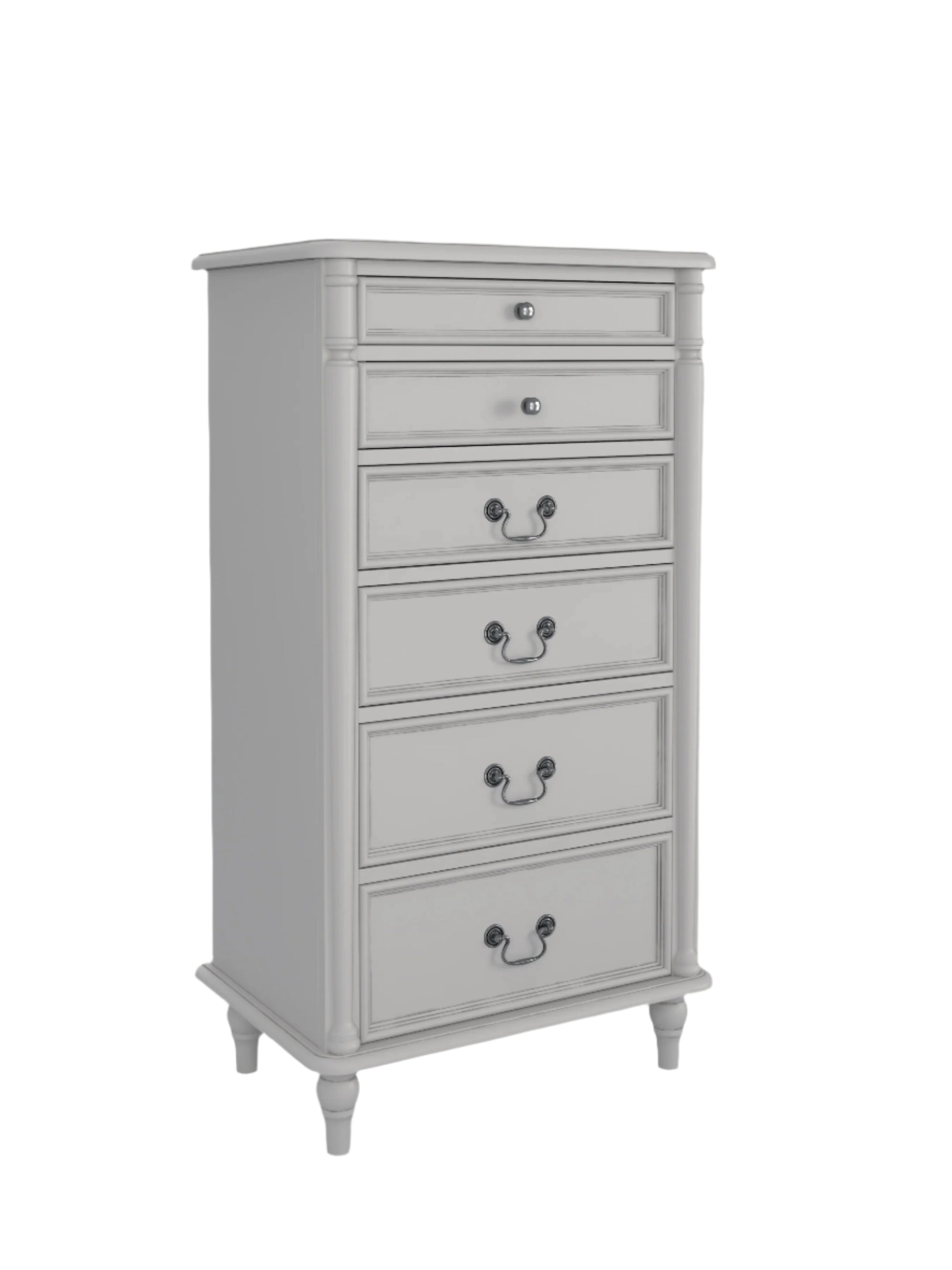 A Laura Ashley right-hand corner angle of a 6 Drawer Tall Chest in grey colour with a traditional design. Floral wallpaper is the background and a floral framed design hang on the wall