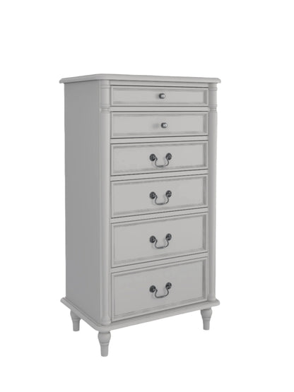 A Laura Ashley right-hand corner angle of a 6 Drawer Tall Chest in grey colour with a traditional design. Floral wallpaper is the background and a floral framed design hang on the wall