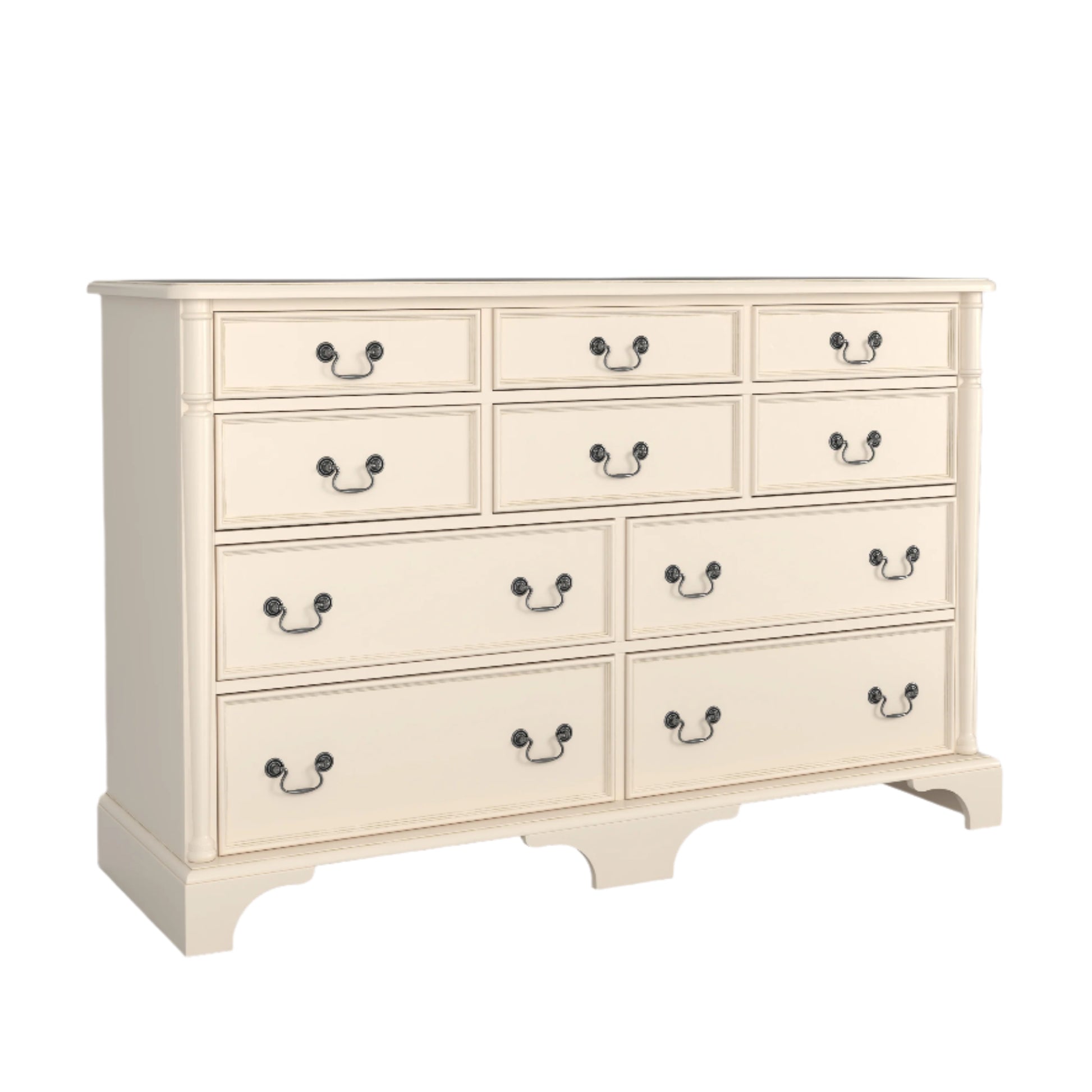 White dresser with multiple drawers on a plain background