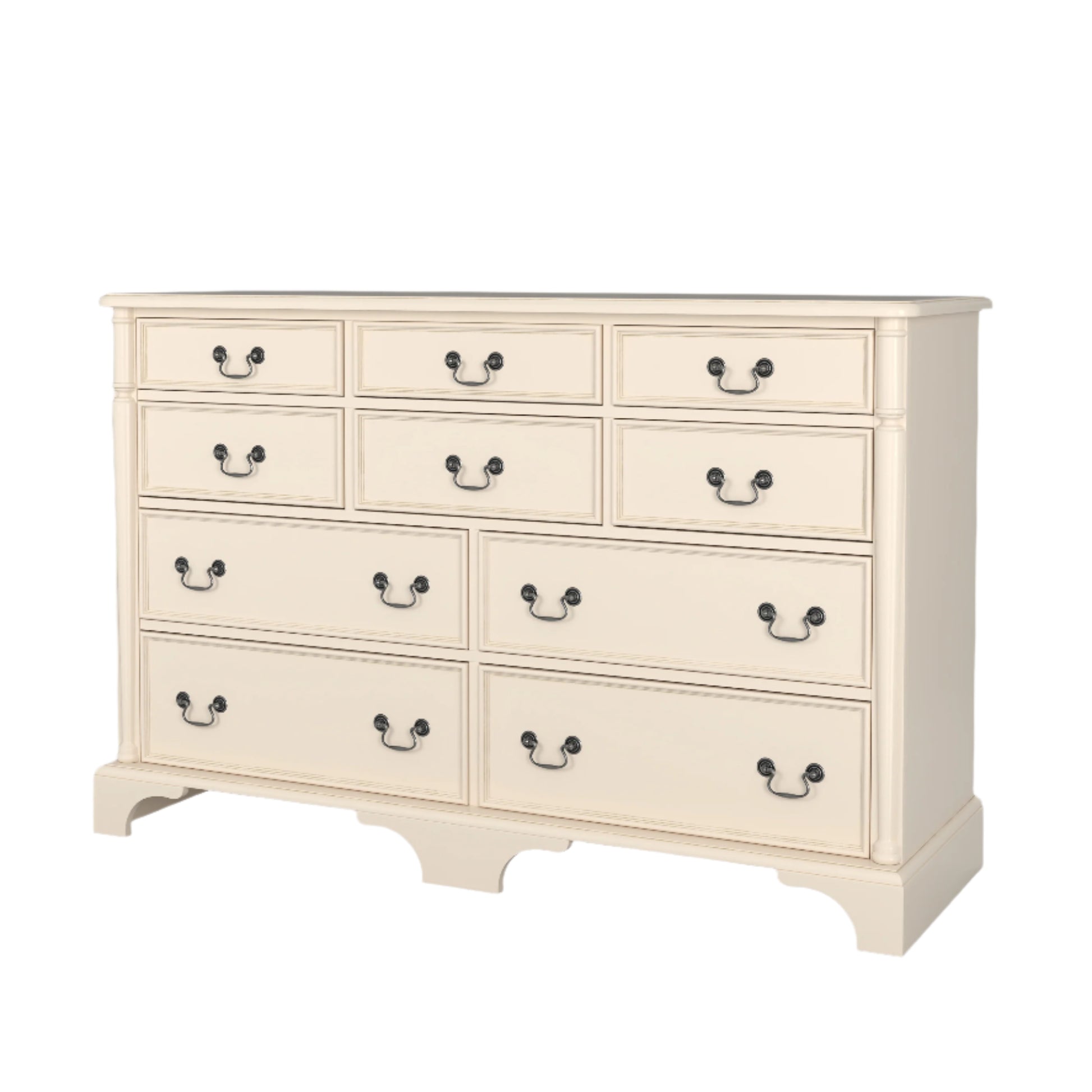 White dresser with multiple drawers on a plain background