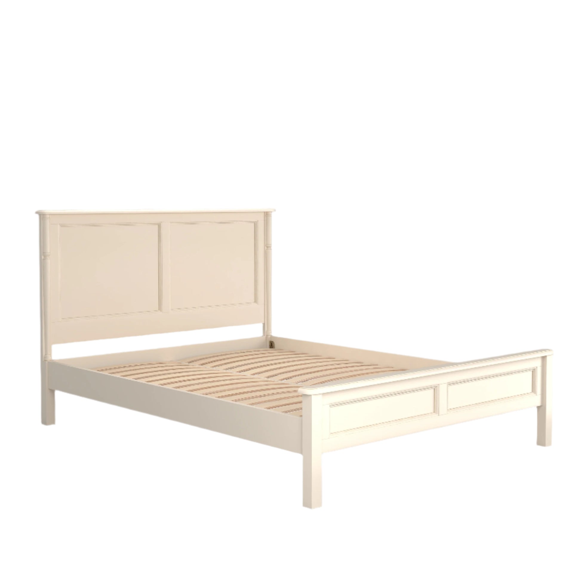 Wooden bed frame with headboard on a white background