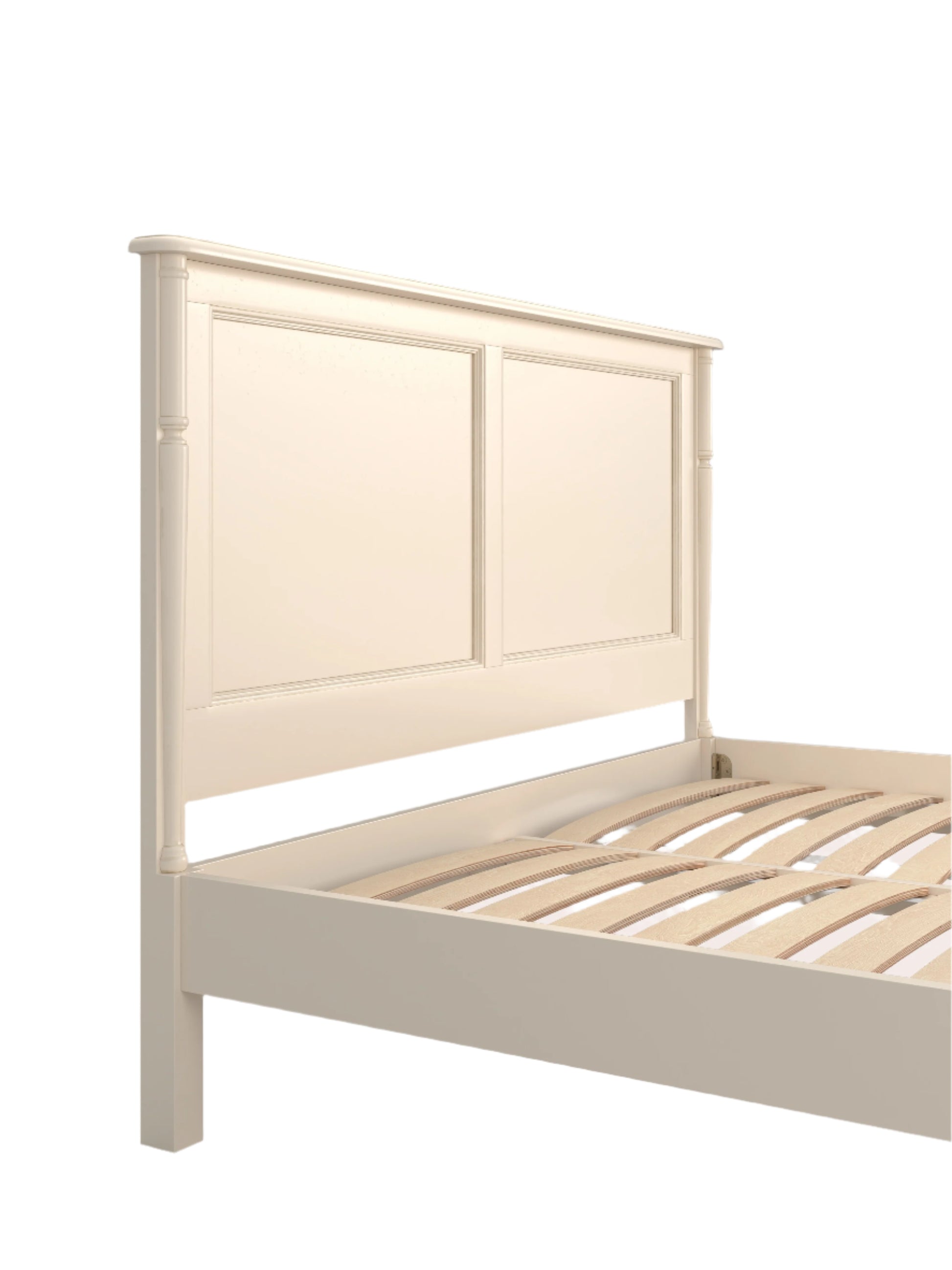 Wooden bed frame with slatted base on plain background