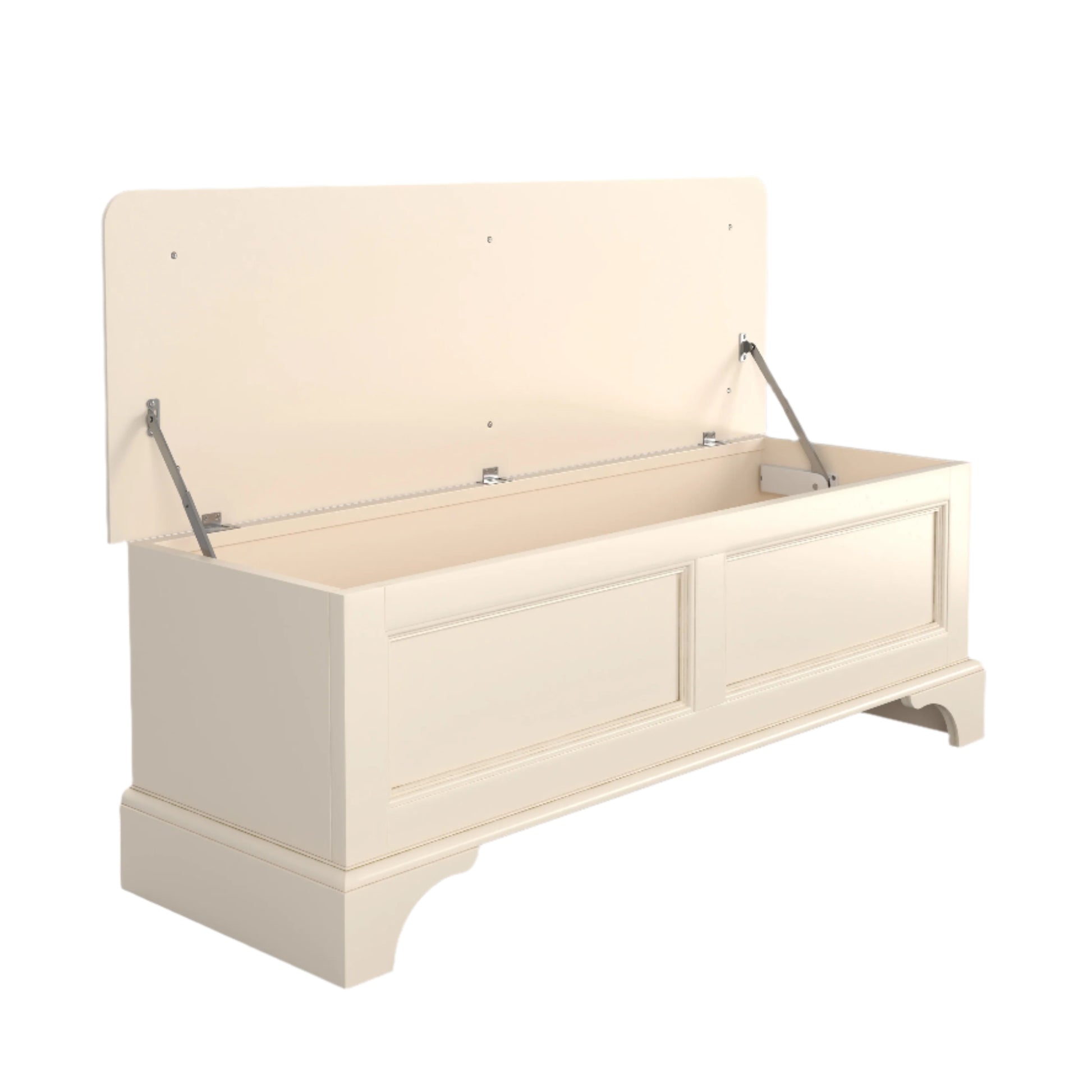 White wooden bench with lift-top storage on a plain background
