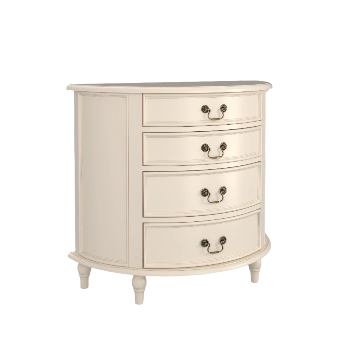 A left-hand corner view of an Ivory coloured half moon chest with four drawers and vintage styling.