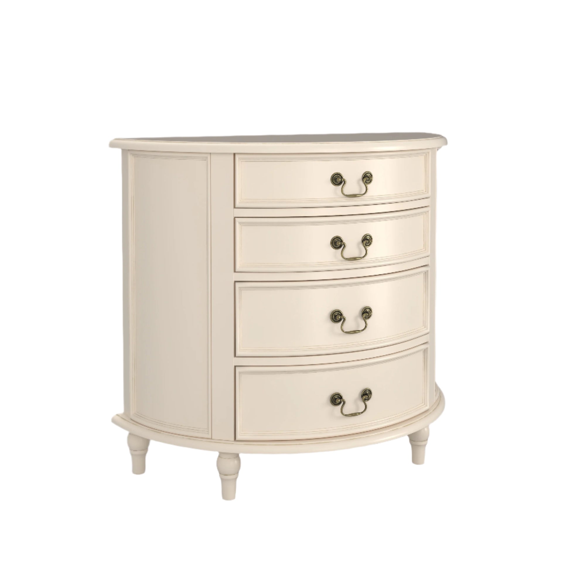 A left-hand corner view of an Ivory coloured half moon chest with four drawers and vintage styling.