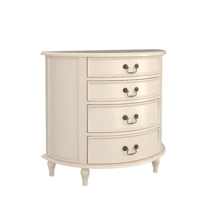 A left-hand corner view of an Ivory coloured half moon chest with four drawers and vintage styling.