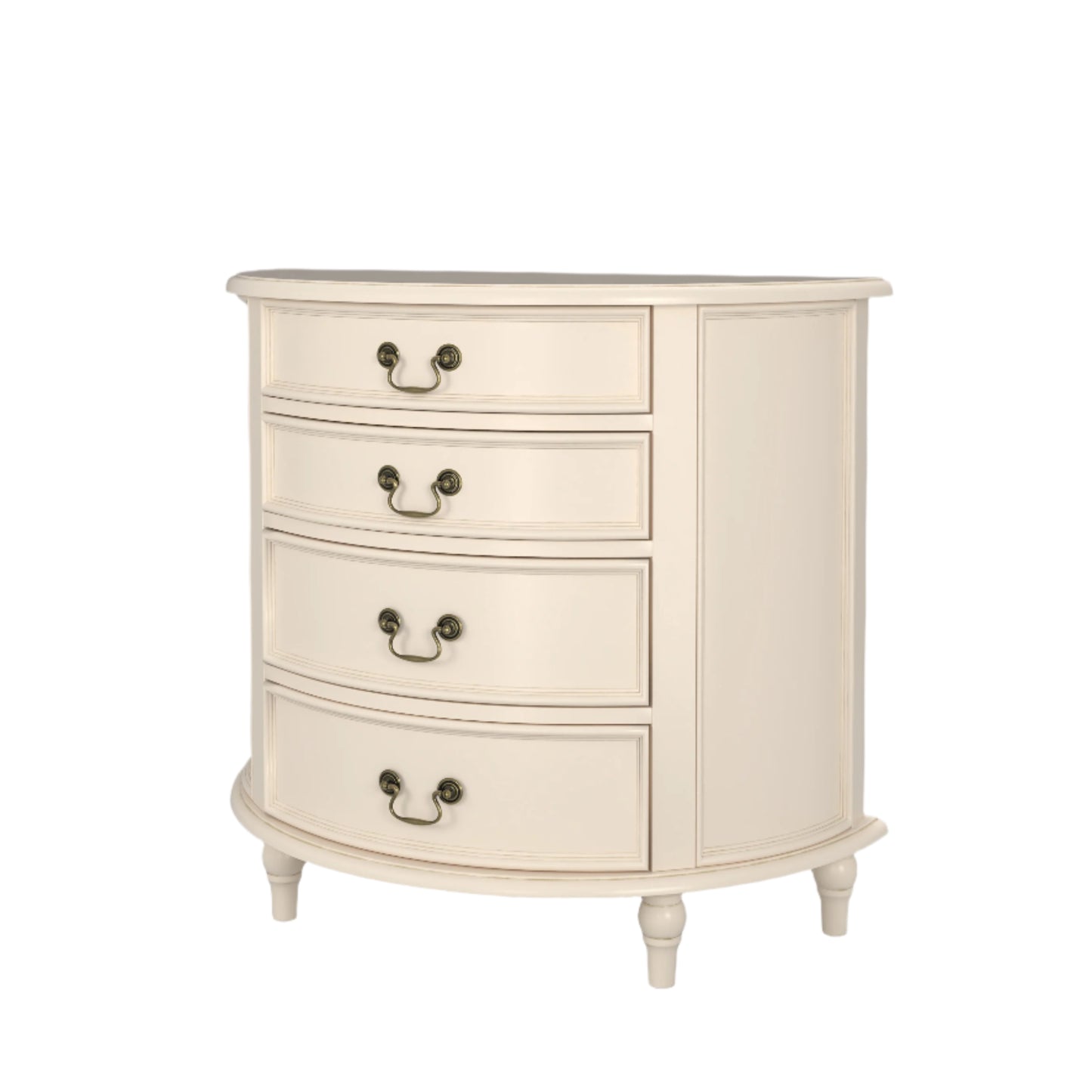 A right-hand corner view of an Ivory coloured half moon chest with four drawers and vintage styling.
