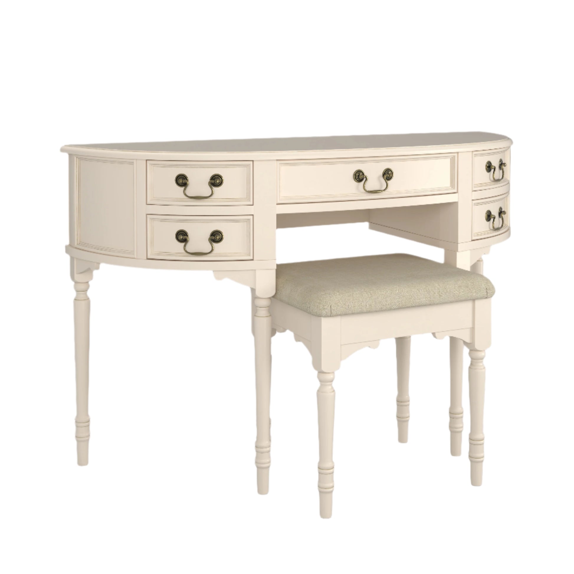 Beige desk with multiple drawers on a white background and a stool placed under it 