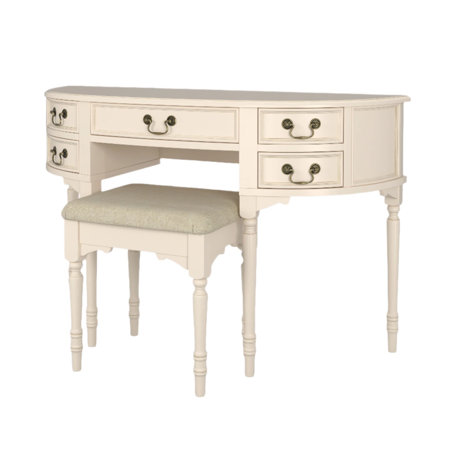Beige desk with multiple drawers on a white background with a padded upholstered stool
