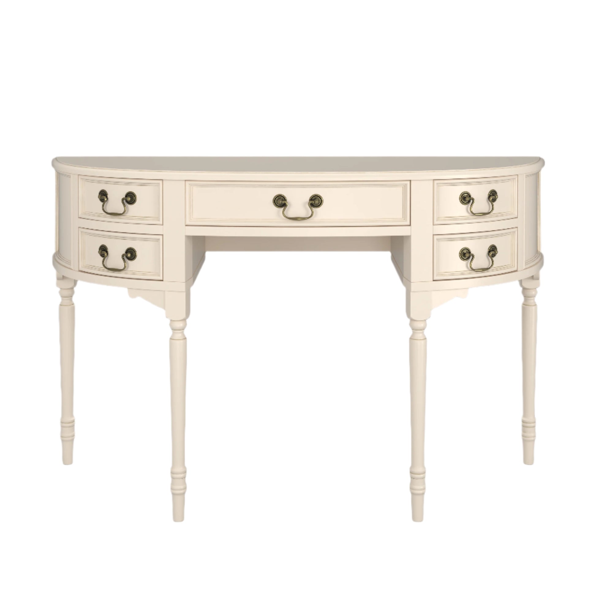 Beige desk with multiple drawers on a white background