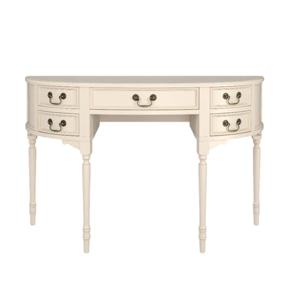 Beige desk with multiple drawers on a white background