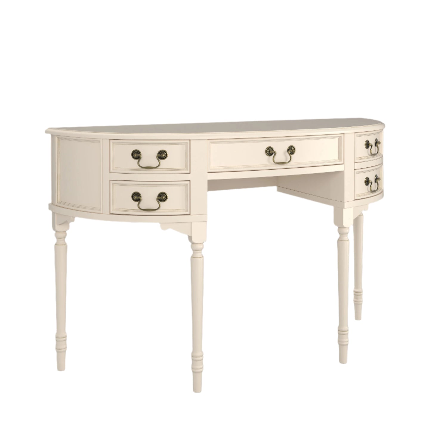 Beige desk with multiple drawers on a white background