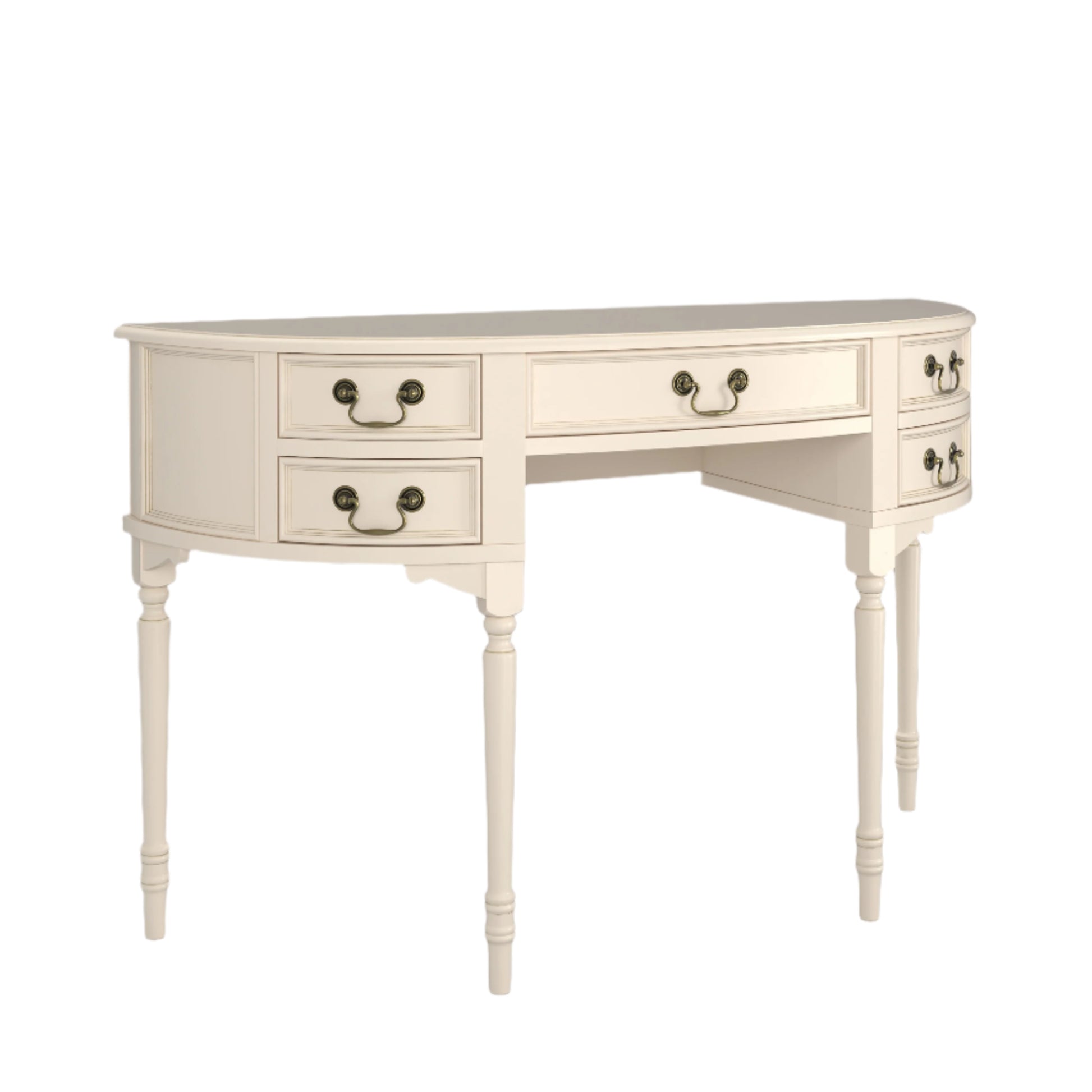 Beige desk with multiple drawers on a white background